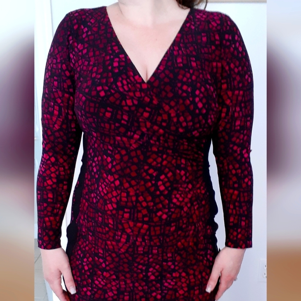 champs pink and Black silky with a silky liner dress. Size petite large.